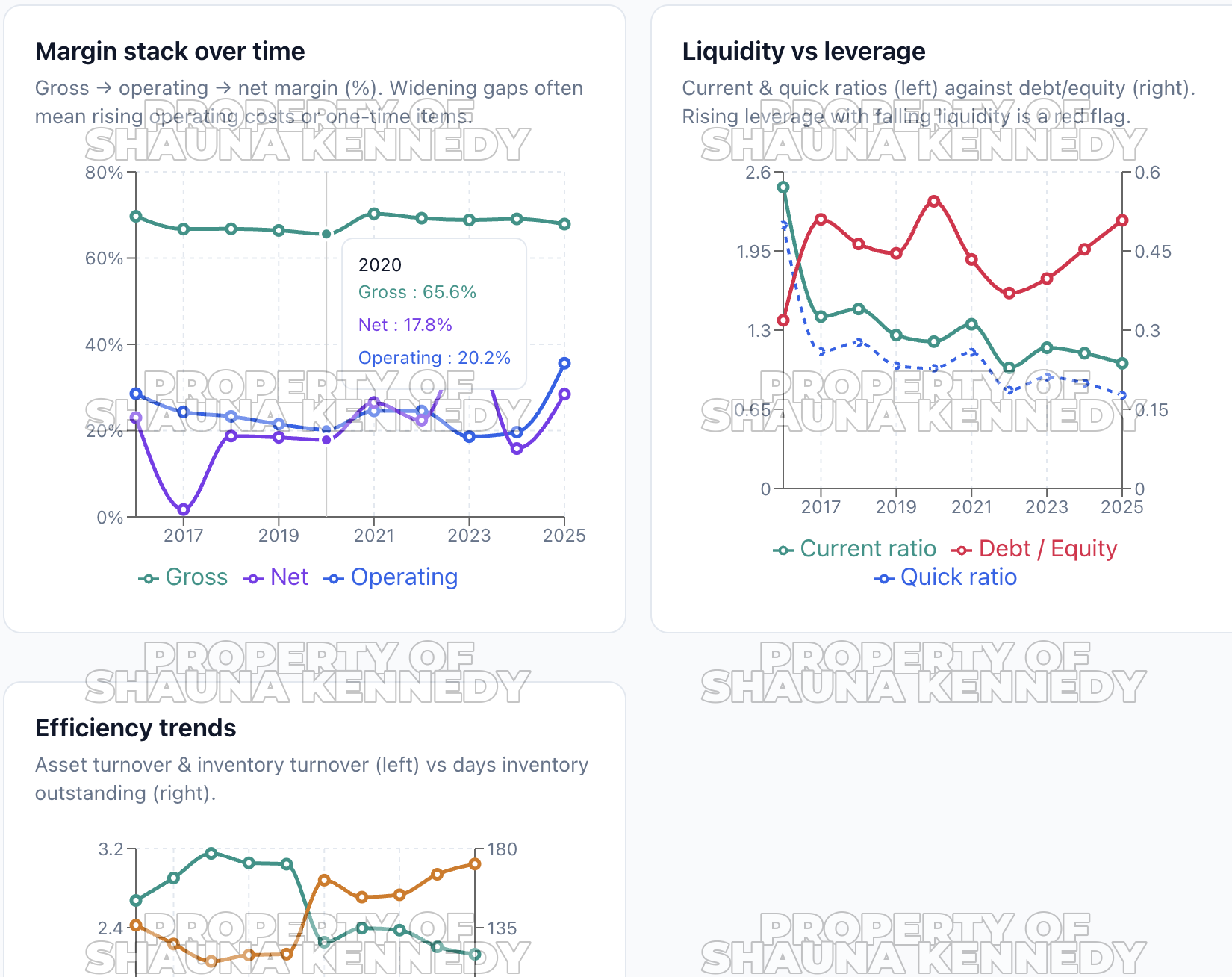 Multi-year margin, liquidity, and efficiency trend charts