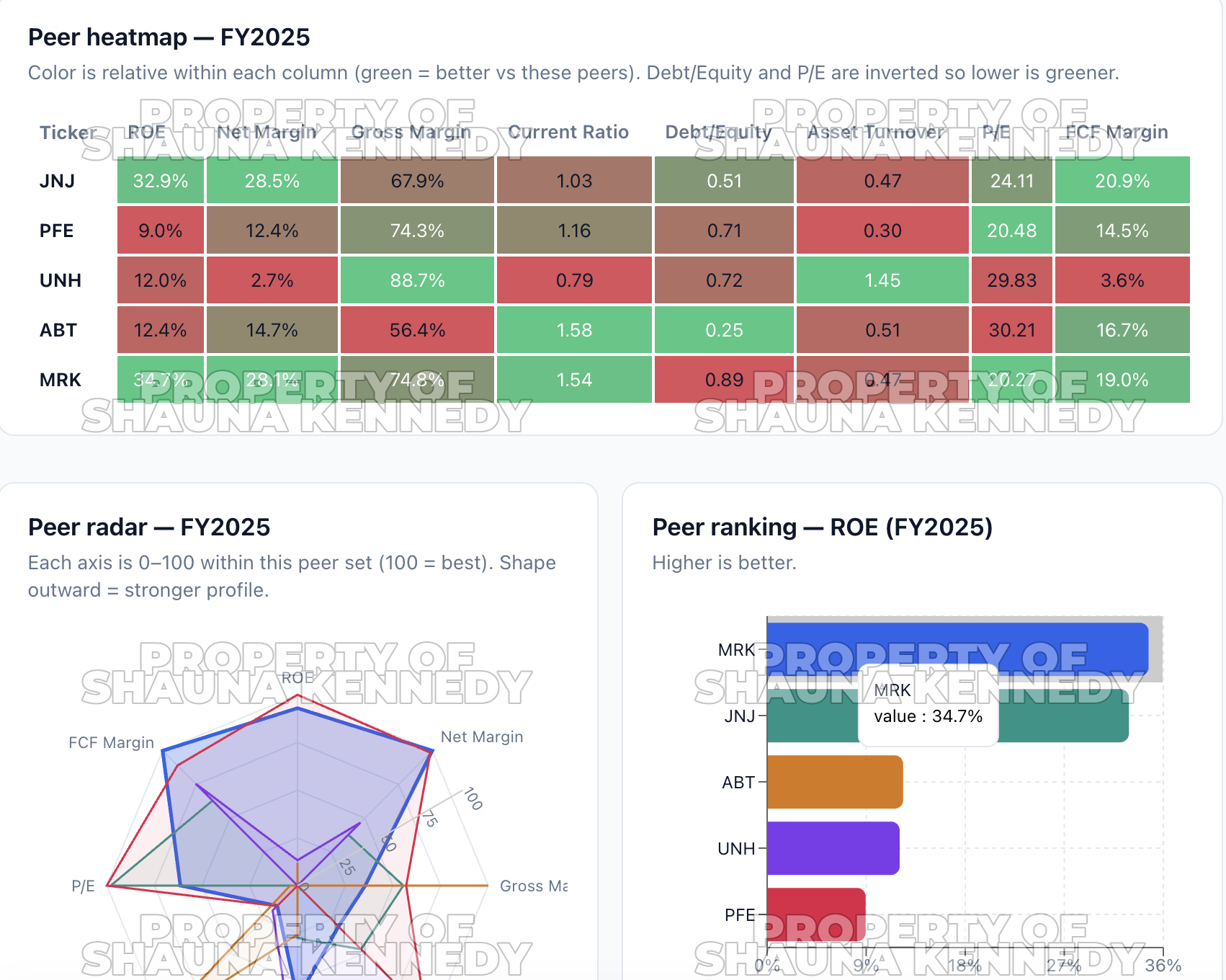 Automated Financial Dashboard - Peer heatmap, radar chart, and ROE ranking comparables