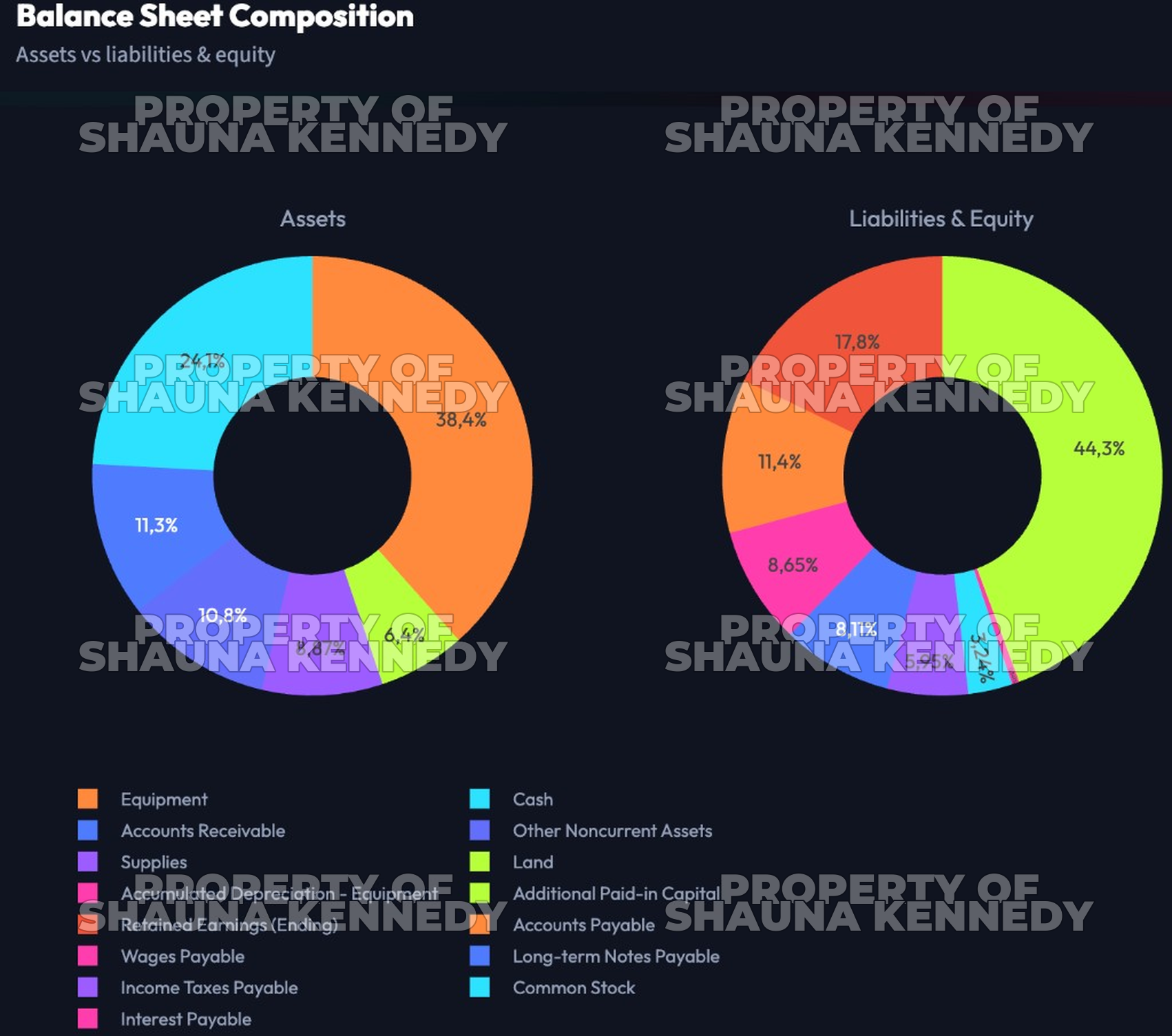 Balance sheet composition donut charts for assets vs liabilities and equity