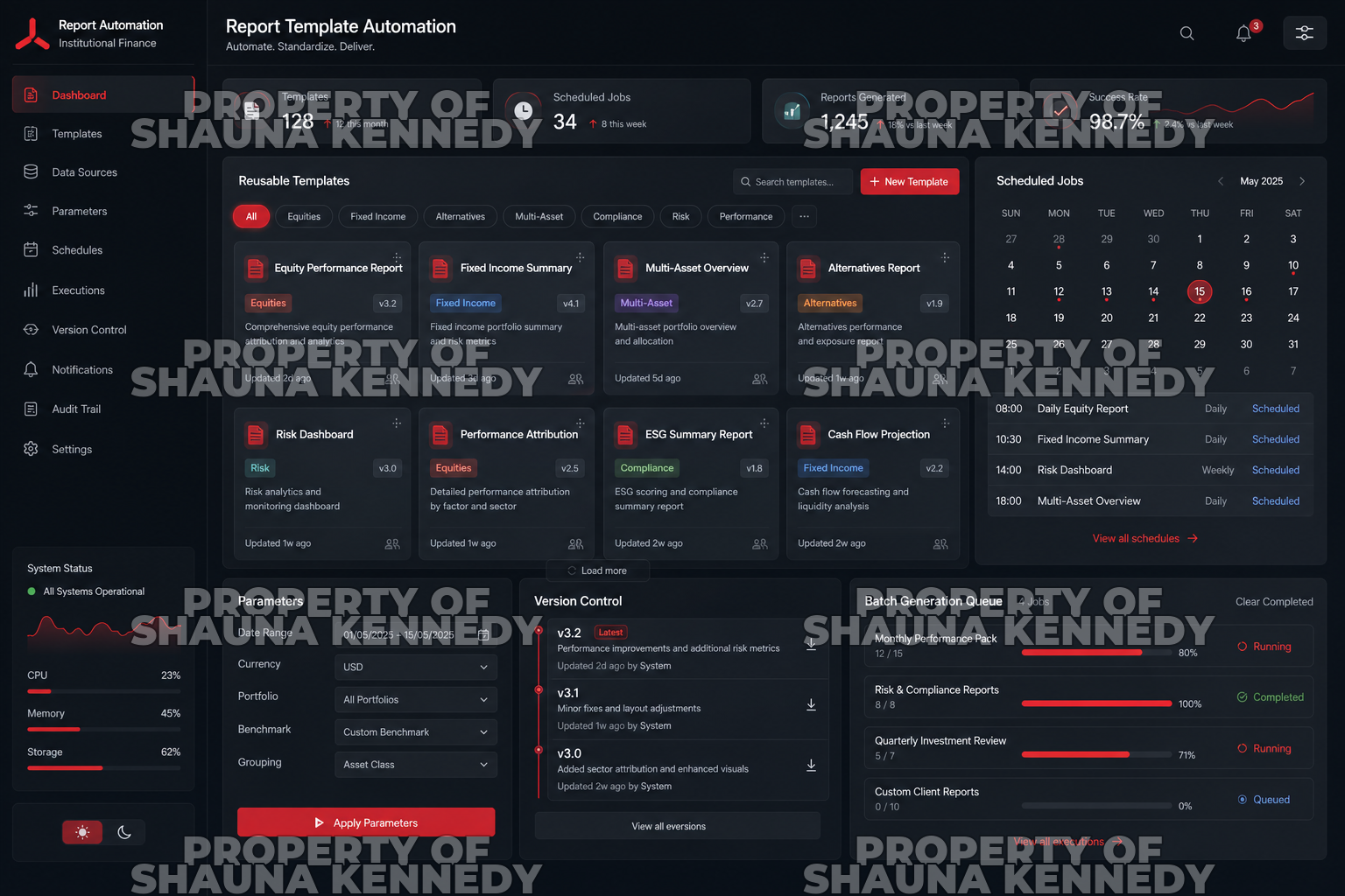 Reusable report template automation and batch generation queue